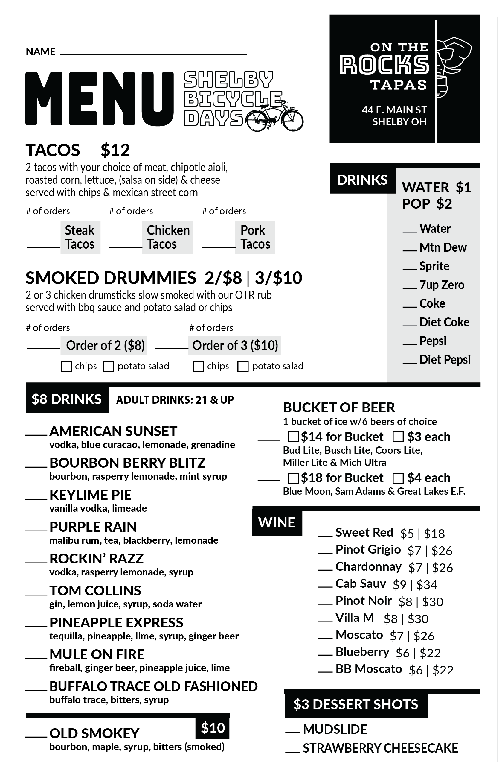 OTR Bicycle Days Menu